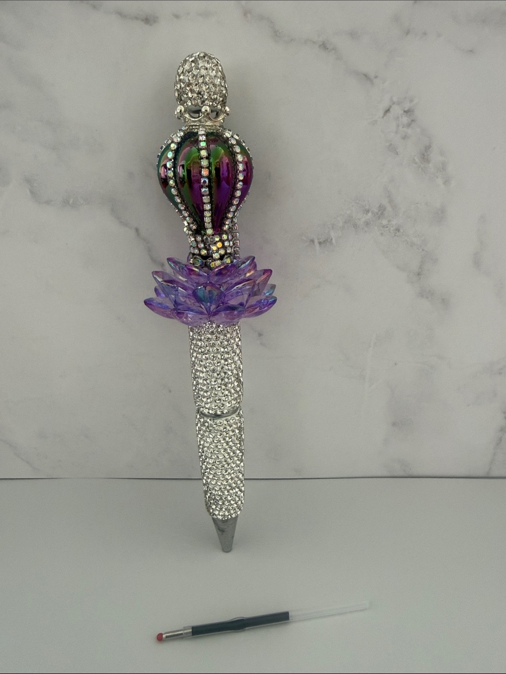 Rhinestone Lotus & Crown beaded pen Iridescent Accents COMES WITH INK REFIL